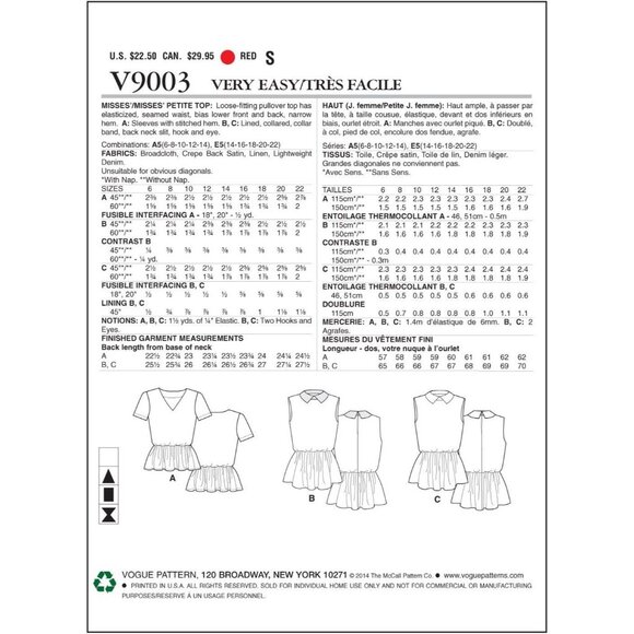 Vogue V9003 Sewing Pattern Womens Peplum Tops Size 14-22 - Picture 2 of 2